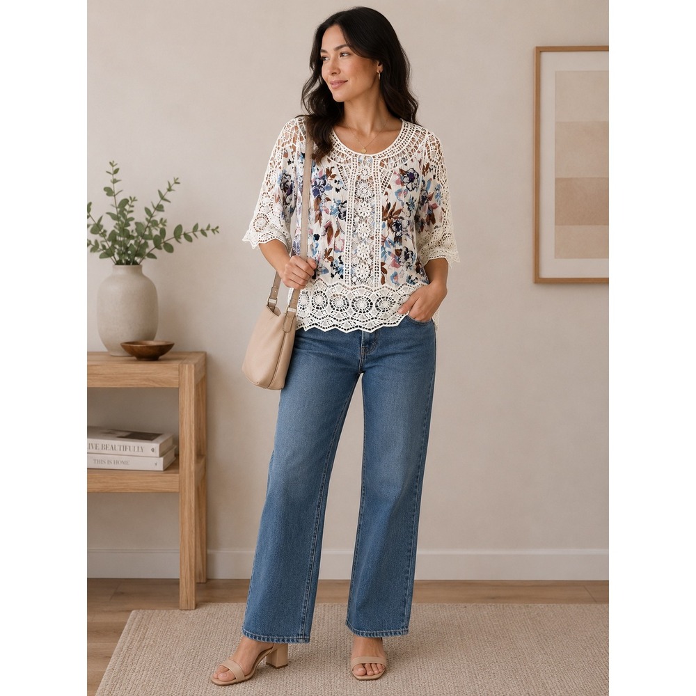 Sapphire Floral Crochet Lace Trim Blouse Cream Blue Purple Bell Sleeve Large